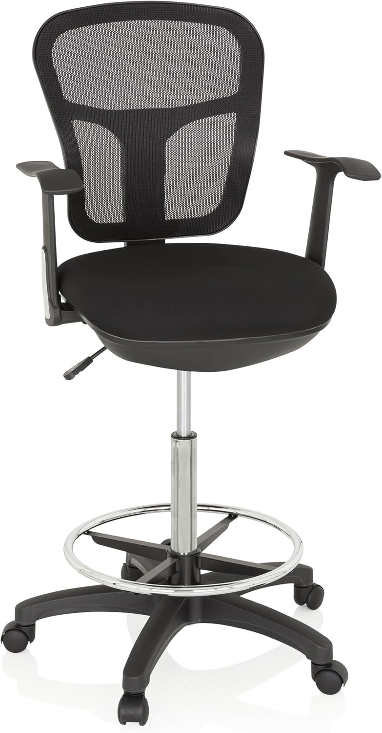 HJH Office 760008 Sedia da lavoro TOP WORK 108 in rete nera Sedia da banco ergonomica con poggiapiedi ad anello