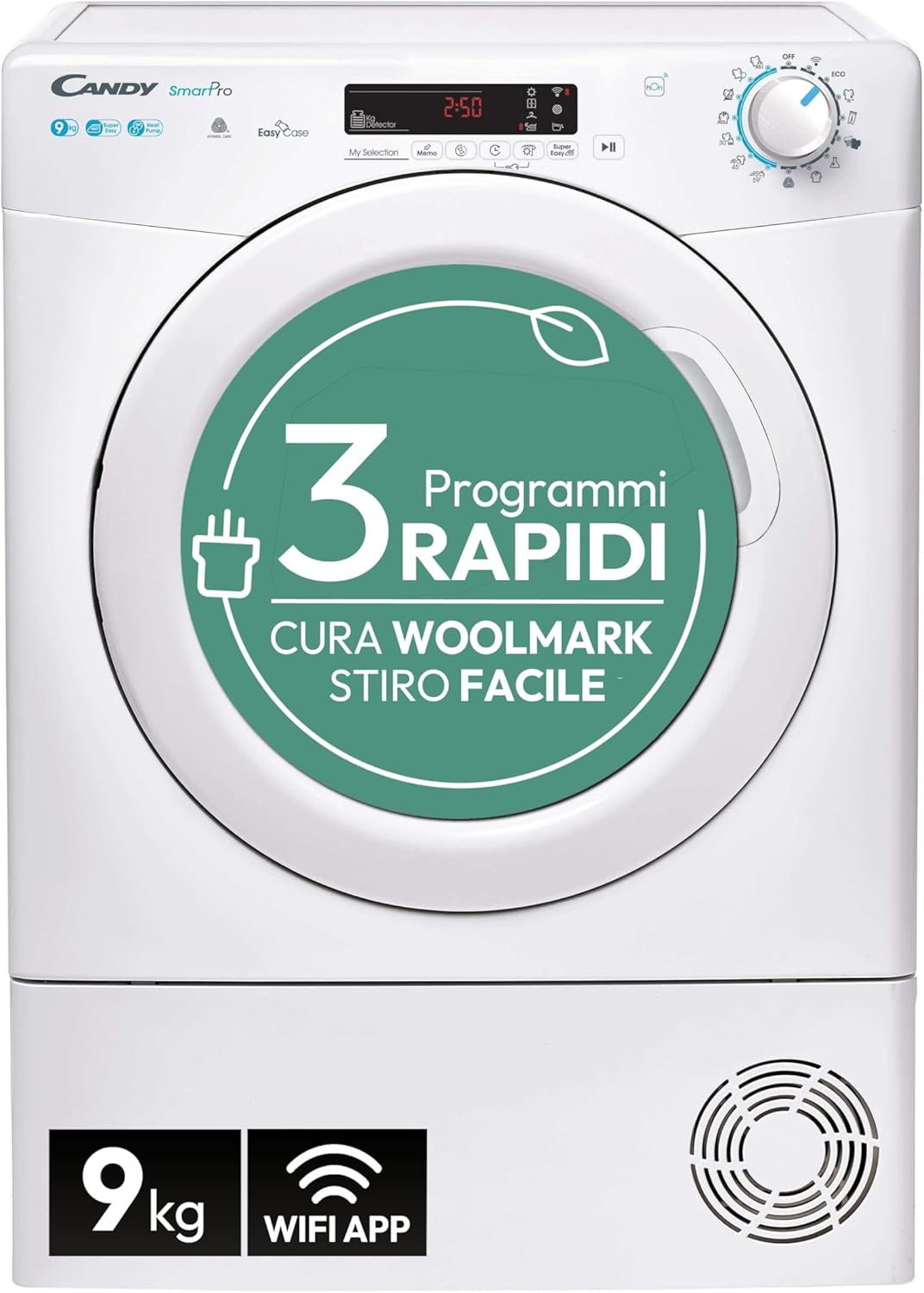 Candy Smart Pro Asciugatrice 9 Kg a Pompa di Calore, Libera Installazione, Classe E, Connessione Wi-Fi + BLE, Controllo da App, Snap  Dry, 59,6 x 58,5 x 85 cm, Bianca - CSOE H9A2DE-S