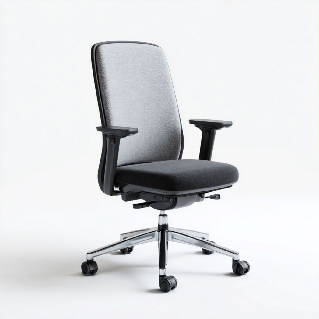 Sedia da ufficio girevole in tessuto poliestere grigio con base in acciaio cromato