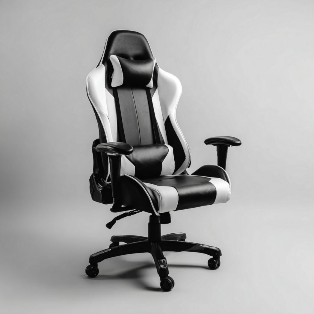 Sedia da Gaming in Ecopelle PU e Acciaio Bianca e Nera con Cuscini Rimovibili