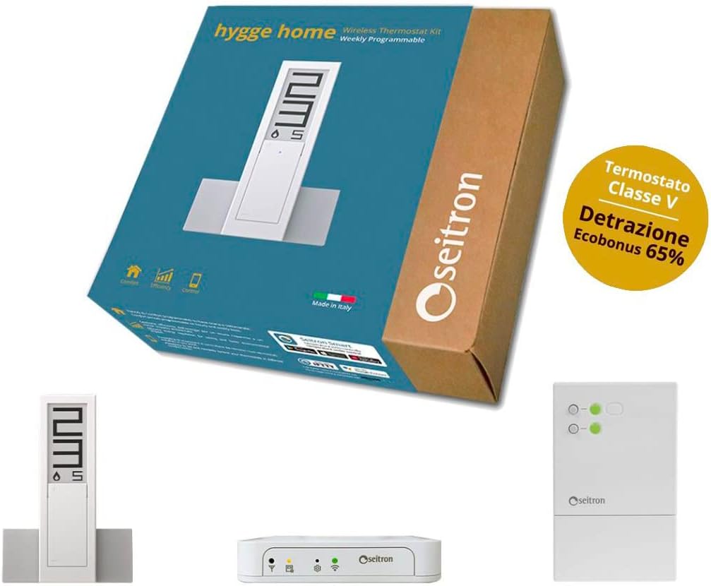 SEITRON Kit Hygge Home Classe V - Cronotermostato Wi-Fi a batteria con ricevitore wireless uscita Modbus e gateway IOT, Classe V (Reg. 811/2013)
