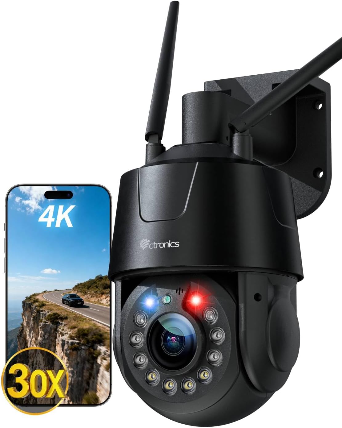 Ctronics 4K 30X Zoom Ottico Telecamera Esterno WiFi, Auto-Tracking/Zoom, Visione Notturna IR 150m/50m Colore, WiFi 5G/2,4GHz, Sirena  Luce Rossa/Blu, Pattuglie  32 Preset, SD 256GB/FTP/NVR, Metallo