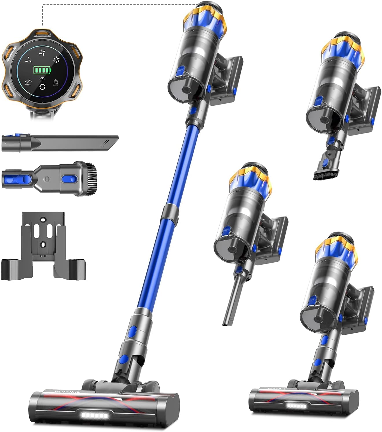 Aspirapolvere Senza Fili 48KPa/580W/65Min, Scopa Elettrica Senza Fili Verticale Antigroviglio con Display a LED, 1.8L/8 Stadi Filtrati, Ricaricabile a Parete, Per Animali/Pavimenti/Tappeti/Auto(Blu)