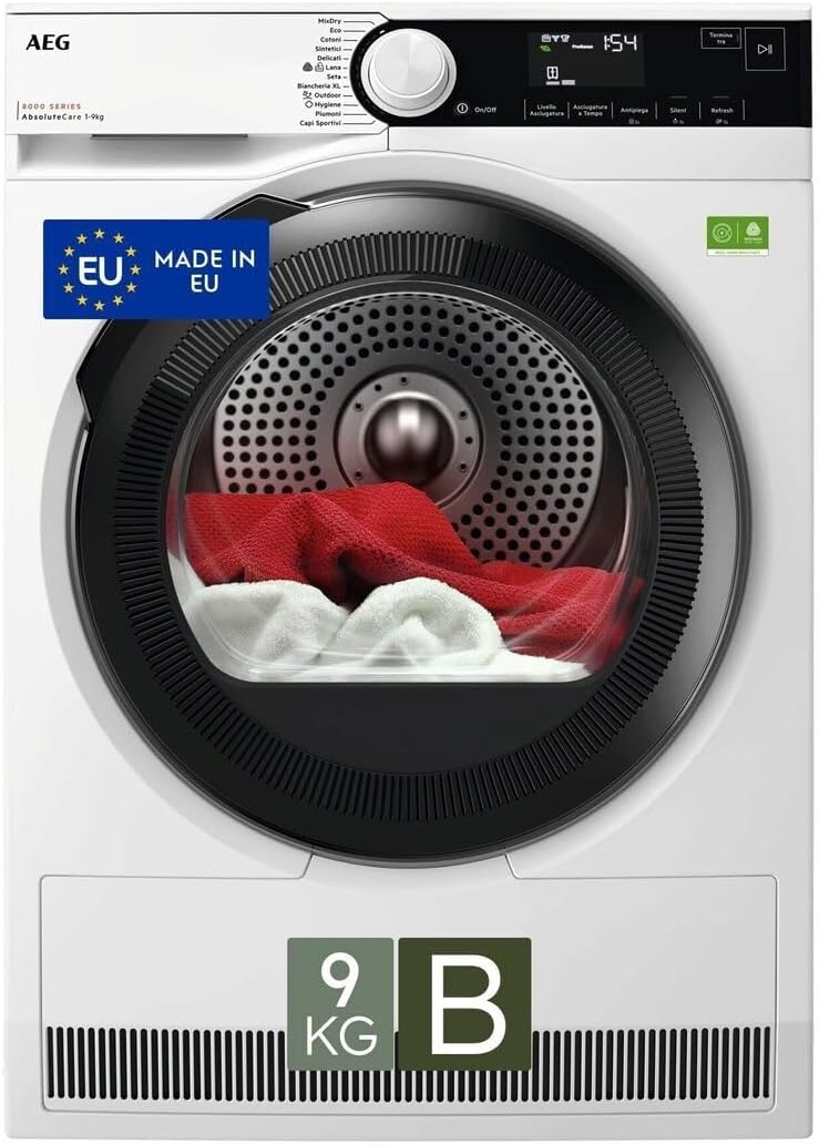 AEG Serie 8000 Asciugatrice a Pompa di Calore, 9 kg, TR8HDAM9B, Classe B, 12 Programmi, Tecnologia AbsoluteCare, PreciseDry con Sensori di Umidità,Tipologia filtro Easy Flow, 61 dB, 850x596x636 mm