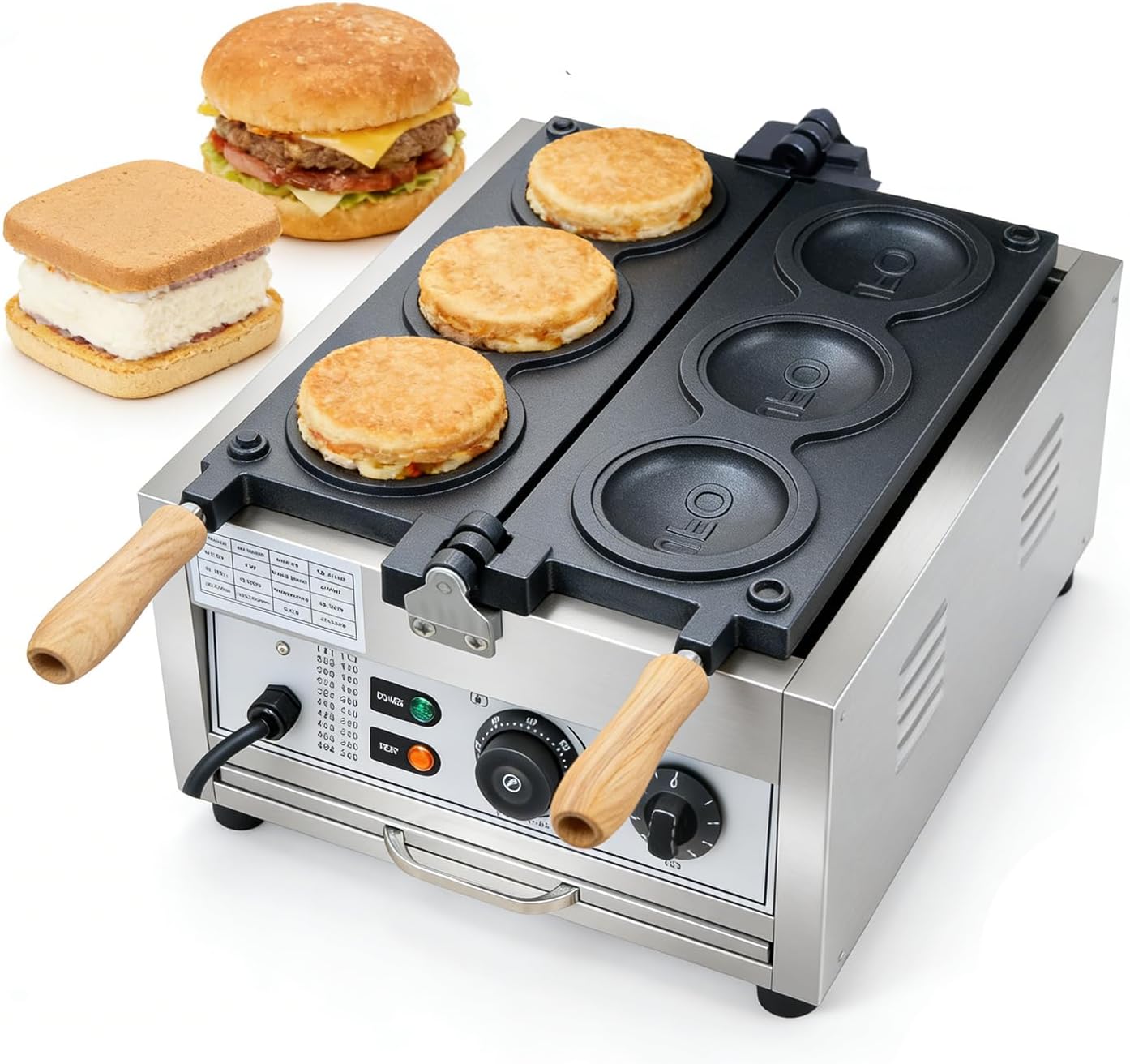 Macchina per Hamburger Elettrica Professionale UFO, Hamburger Maker per Ice Cream Sandwich, 2000W con Doppio Riscaldamento, Stampi in Alluminio Antiaderente,Controllo Temperatura 50–300°C,Acciaio Inox