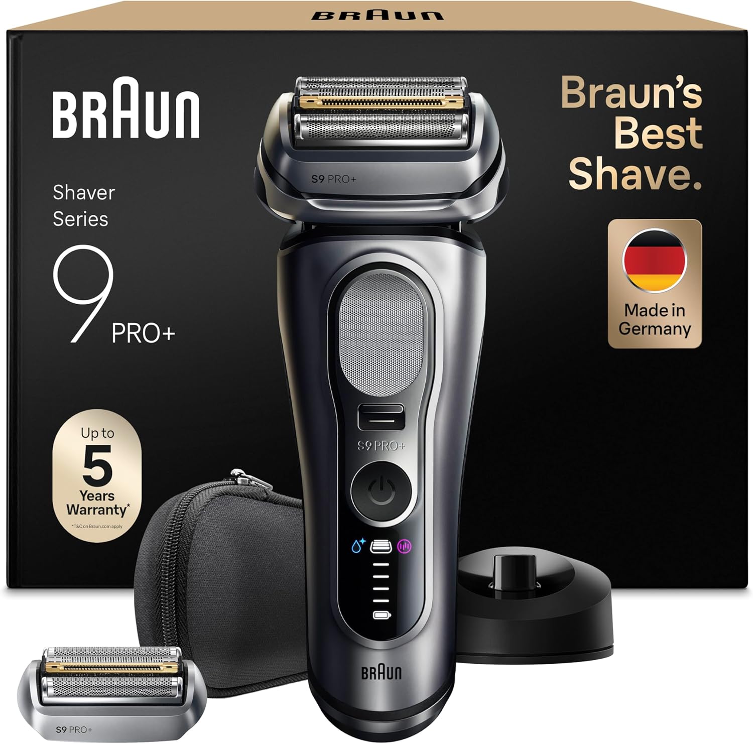 Braun Serie 9 PRO + Rasoio Elettrico Barba, WetDry, 5+1 Lame Di Precisione Ultra Sottili, Regolabarba Uomo, Rasoio Barba, 60 Min Utilizzo, Testina di Ricambio Extra,Base Di Ricarica, 9617PSI, Argento