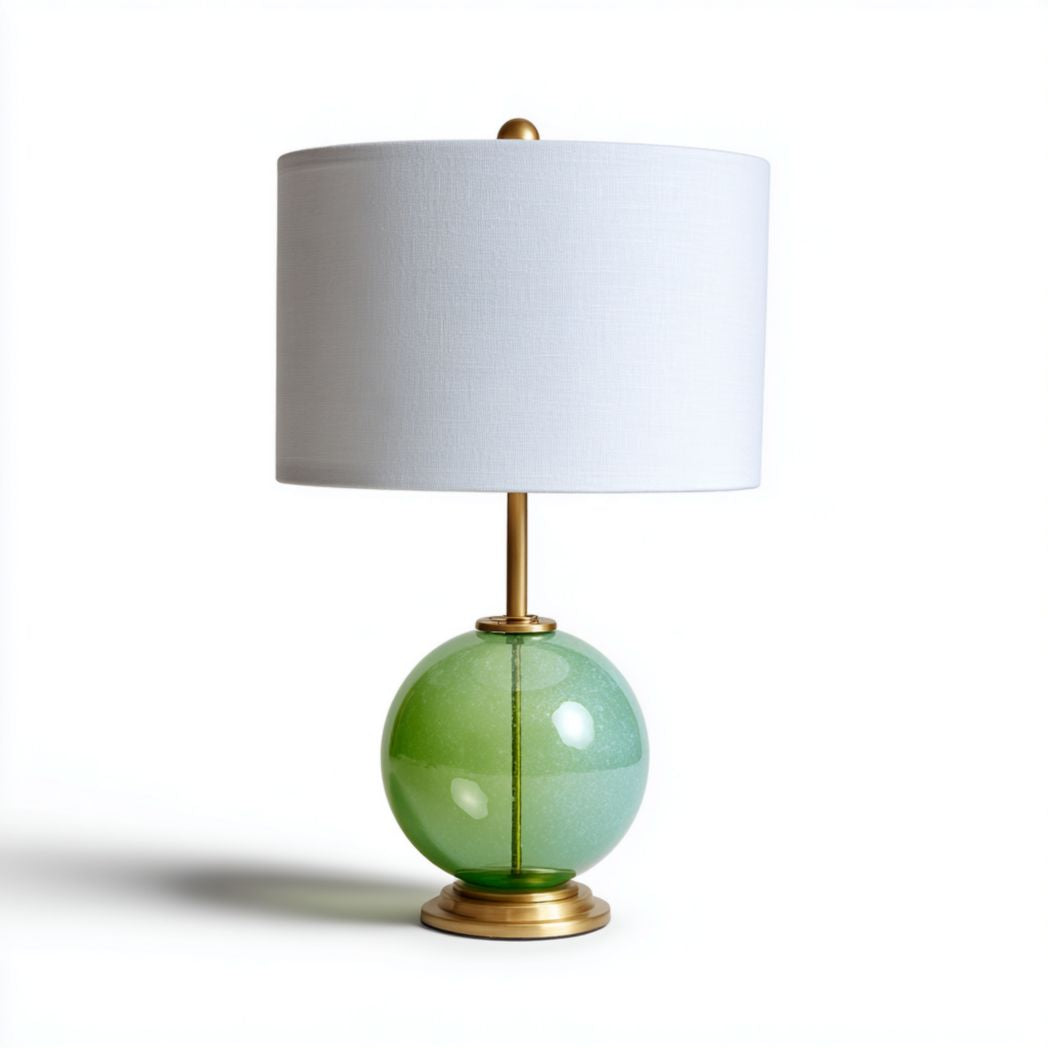 Lampada da Tavolo con Base in Vetro Verde Sfera e Paralume in Tessuto Bianco