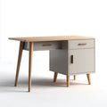 Scrivania in Legno Chiaro con Cassetti Grigi e Gambe Rovere
