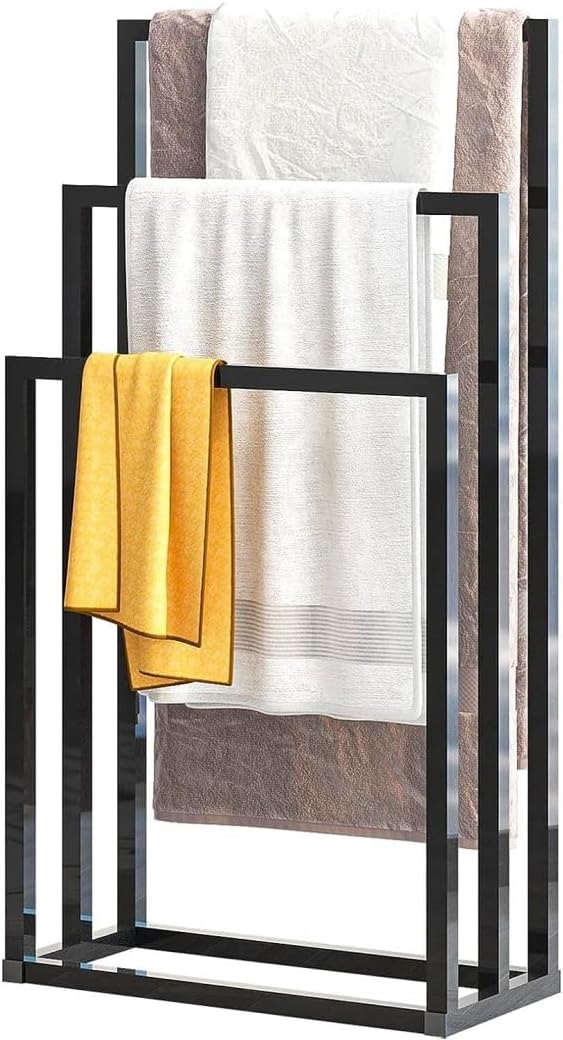 Portasciugamani da Terra Bagno Portasciugamani Autoportante in Metallo Nero A 3 Livelli per Riporre Asciugamani da Bagno E Porta Coperte Salvaspazio