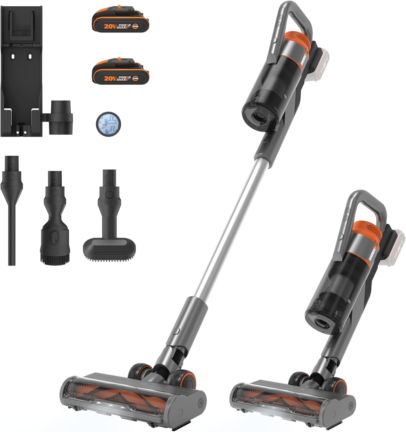 WORX Aspirapolvere Senza Fili Potente 20V WX038, 25Kpa, Autonomia 45mins, Per Peli Animali Domestici, Pavimenti, Tappeti, Auto - 2 Batteria Rimovibile Powershare E Doppio Caricatore Da Parete Inclusi