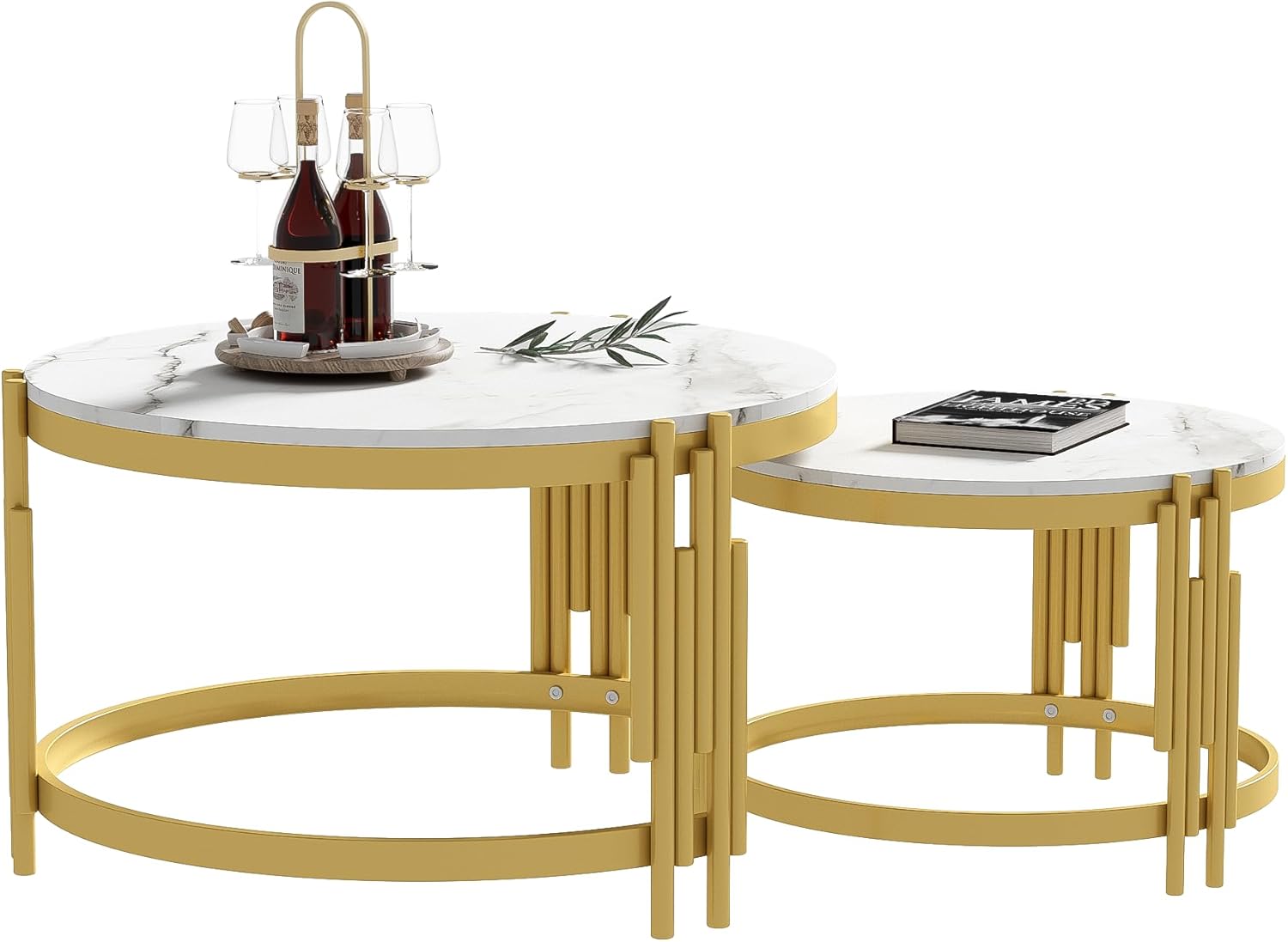 Set Tavolini da Salotto in MDF e Metallo, Design Impilabile con Piano Effetto Marmo e Telaio Dorato, Tavolini Rotondi, Tavolino Moderno, per Soggiorno e Studio, Bianco e Ottone, Set 2 Pezzi
