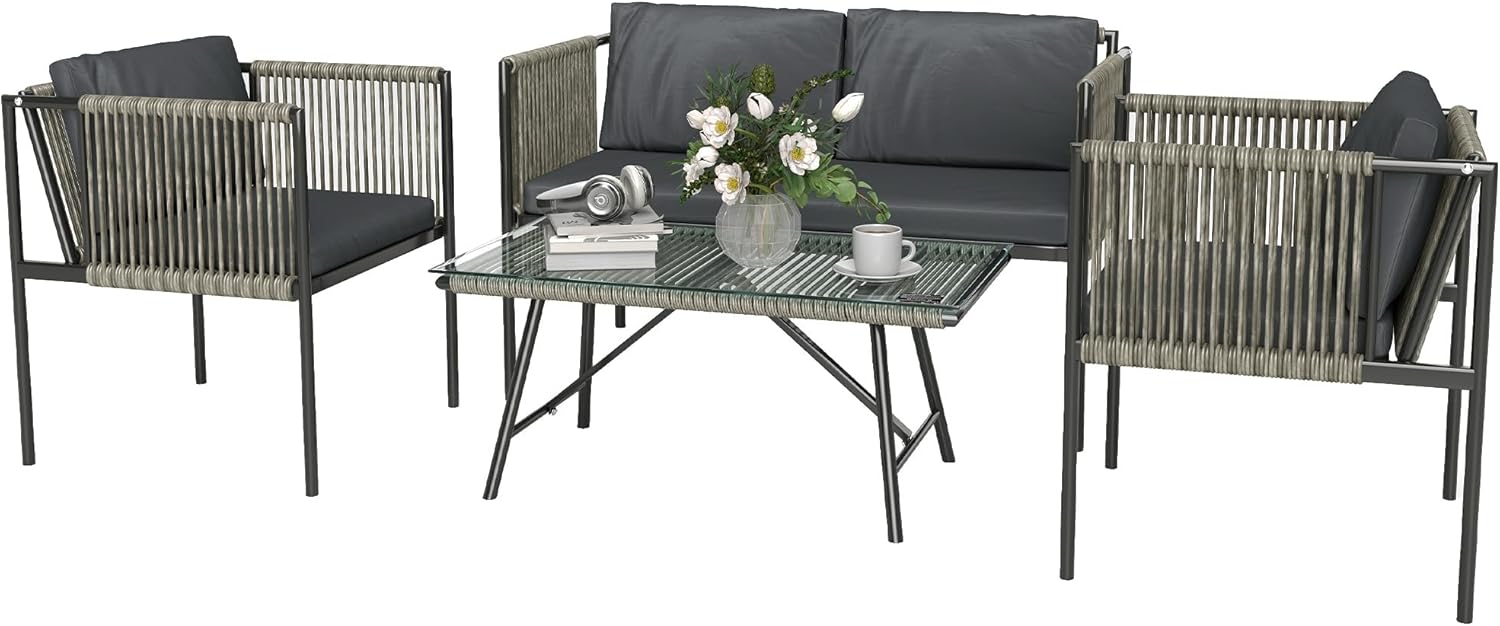 Outsunny 4 Piece Rattan Garden Furniture Set, Outdoor Living Room with 2 Seater Sofa, 2 Outdoor Armchairs, Glass Coffee Table and Washable Cushions, Steel Frame, Black/Grey