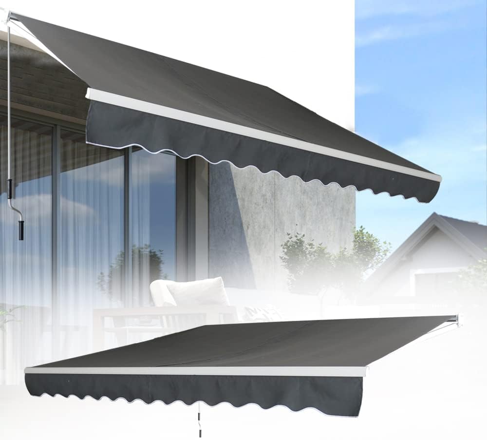 Manual Awning Balcony Awning with Aluminium Crank for Balcony Garden, Dark Grey (360 x 300 cm)
