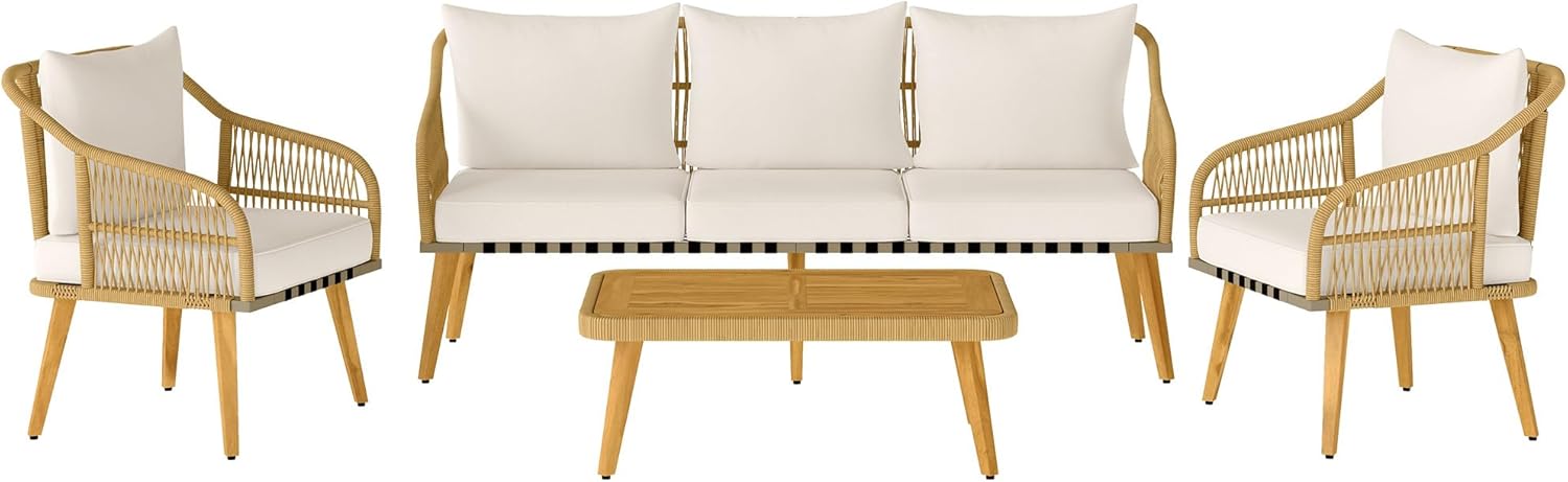 Outsunny 4 Piece Rattan Garden Furniture Set, Outdoor Living Room with 3 Seater Sofa, 2 Armchairs, Slatted Table and Washable Cushions, Steel Frame and Acacia Wood, Khaki and Cream