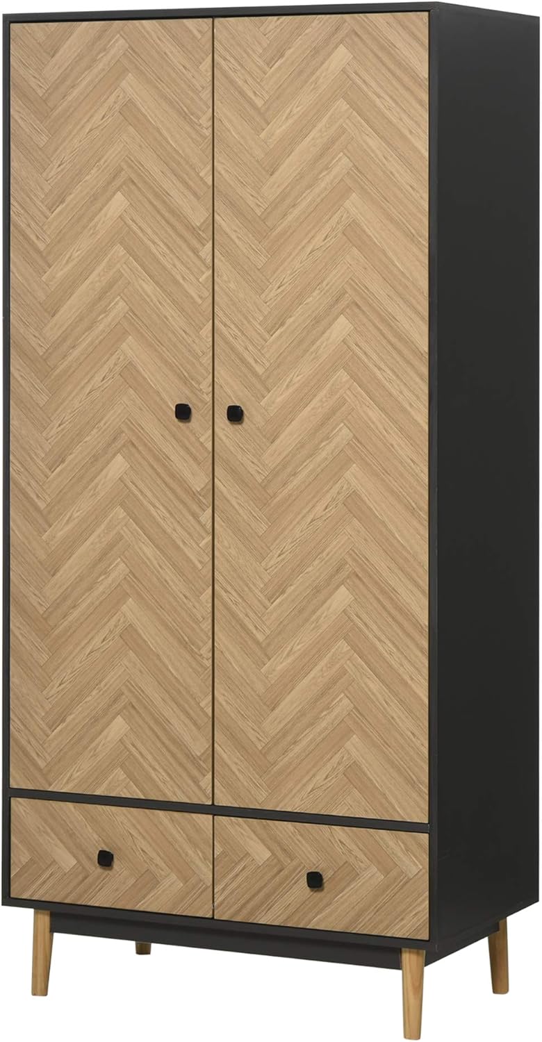 HOMCOM Wardrobe with 2 Doors with Wooden Legs, 4 Rooms, 2 Drawers and Coat Rack for Bedroom, Particle Board Wood, Dark Grey, 90 x 50 x 190 cm