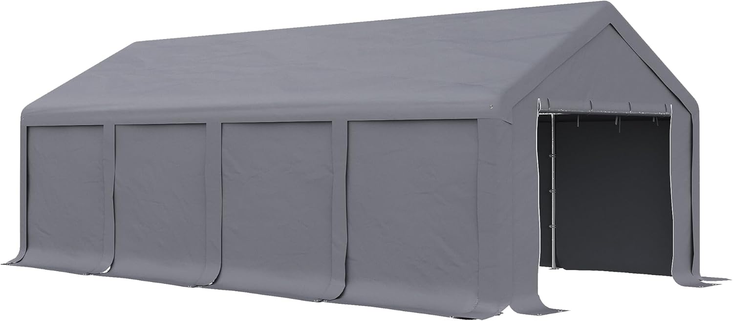 Outsunny Tenda Garage per Feste 8x4m con Porte a Cerniera, Gazebo da Giardino con Pannelli Removibili per Cortile e Patio, per Auto, Moto, Biciclette, Grigio Scuro