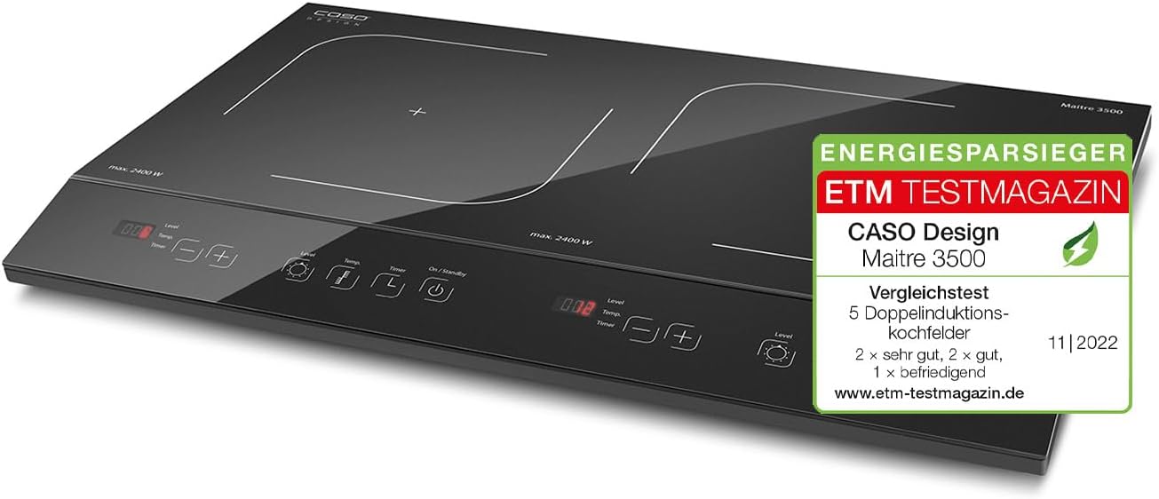 CASO Maitre 3500 - Piastra a doppia induzione mobile, vincitore del test, 3500 W, PowerSharing, SmartControl 12 livelli, 60-240°C, 180 minuti, superficie 26 cm, vetro ceramica