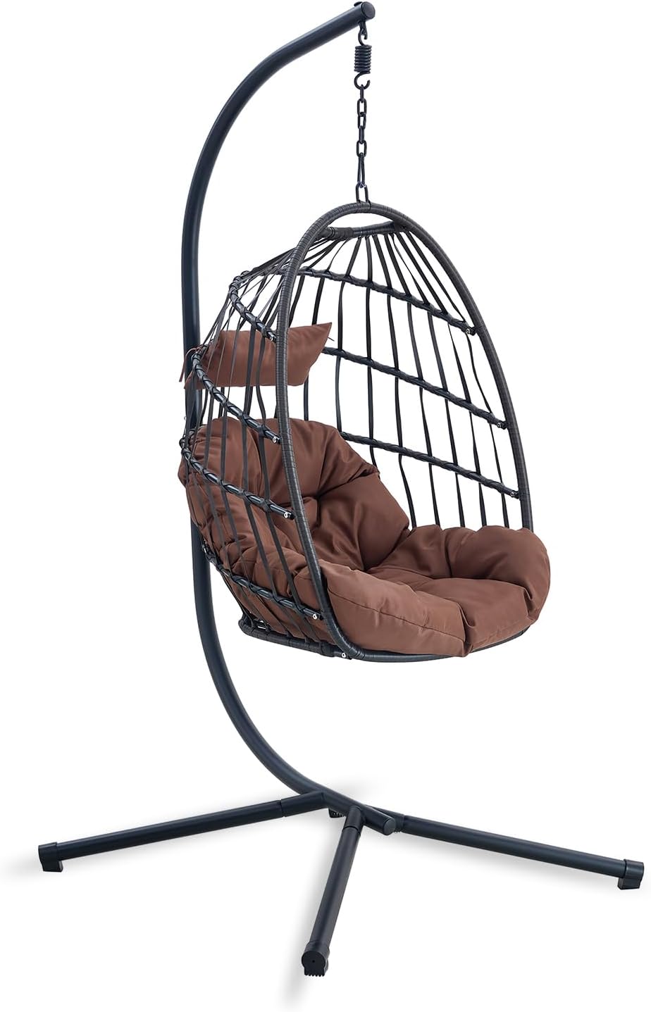 Sedia sospesa a forma di uovo, da giardino, con seduta imbottita, telaio pieghevole, elegante mobile da giardino (nero marrone) confortevole e