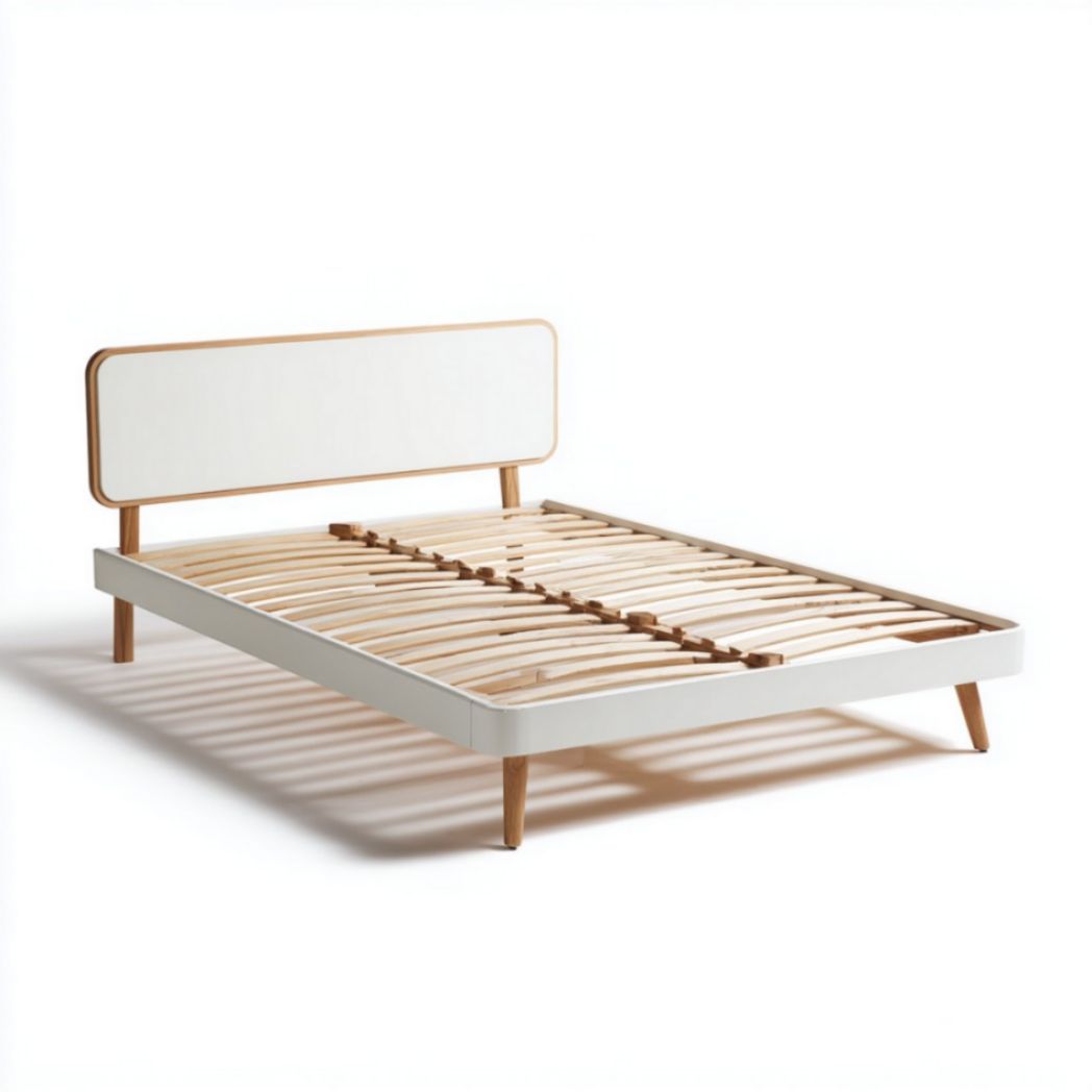 Letto in Legno di Rovere e Metallo Bianco con Doghe Sospese