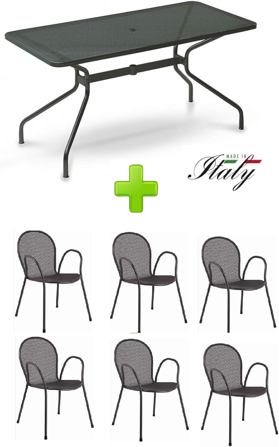EMU Outdoor Table for Changes 180 x 80 cm Art. 810 + 6 Ronda Armchairs - Products in Galvanised Iron and Powder Coated - Antique Iron Colour Fantasy 22 Product Made in Italy