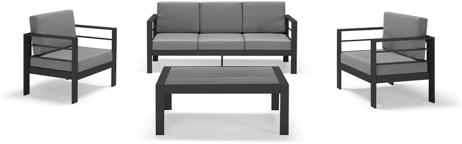 GARDENIA Aluminium Garden Set, 2 or 3 Seater Sofa + 2 Armchairs with Removable Cushions + Coffee Table for Patios, Gardens, Terraces (Grey, Table + 2 Single Armchairs + 1 3 Seater Sofa)