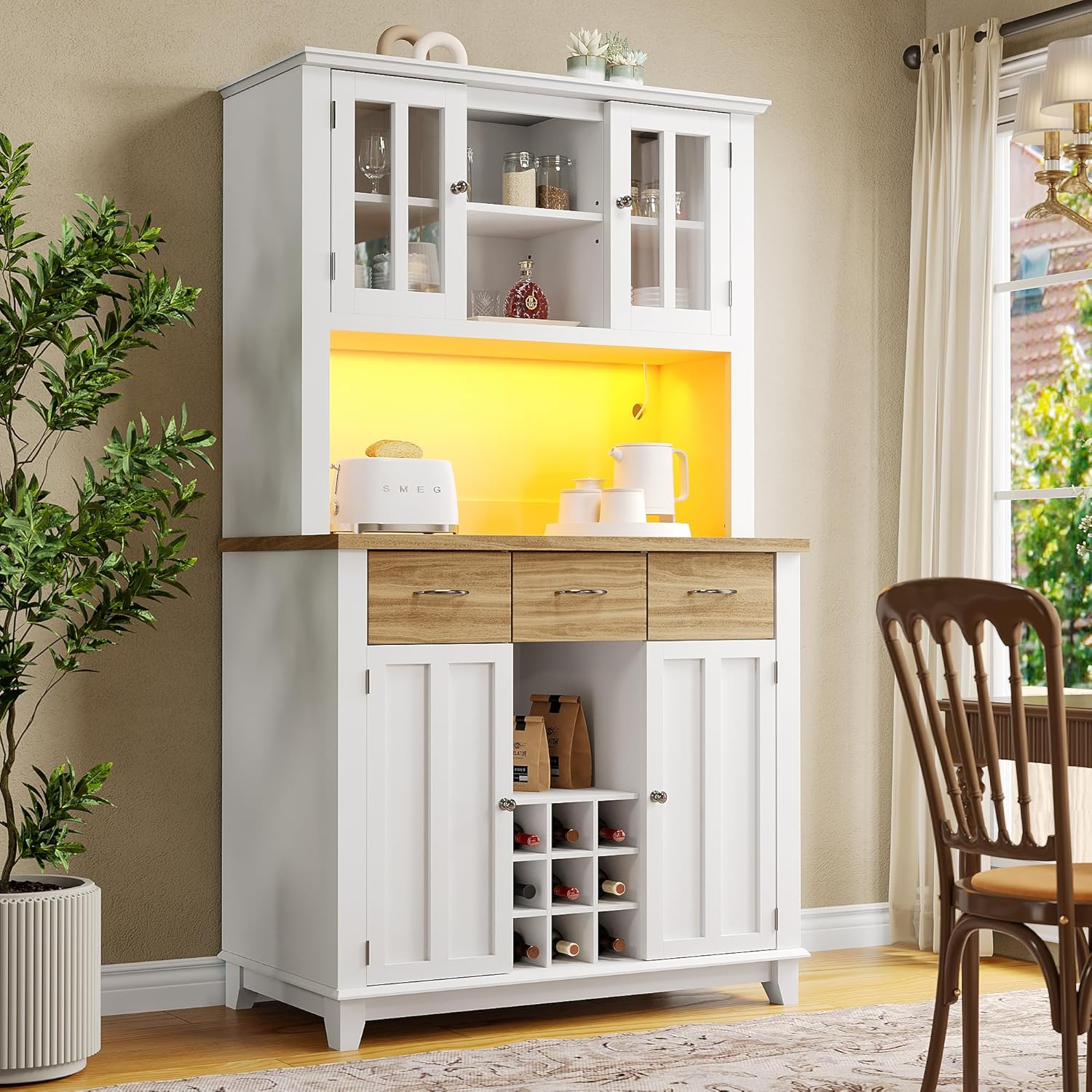 Armadietto da cucina, a buffet, con ripiani regolabili, credenza con illuminazione a LED, armadio a buffet (cassetti color legno)