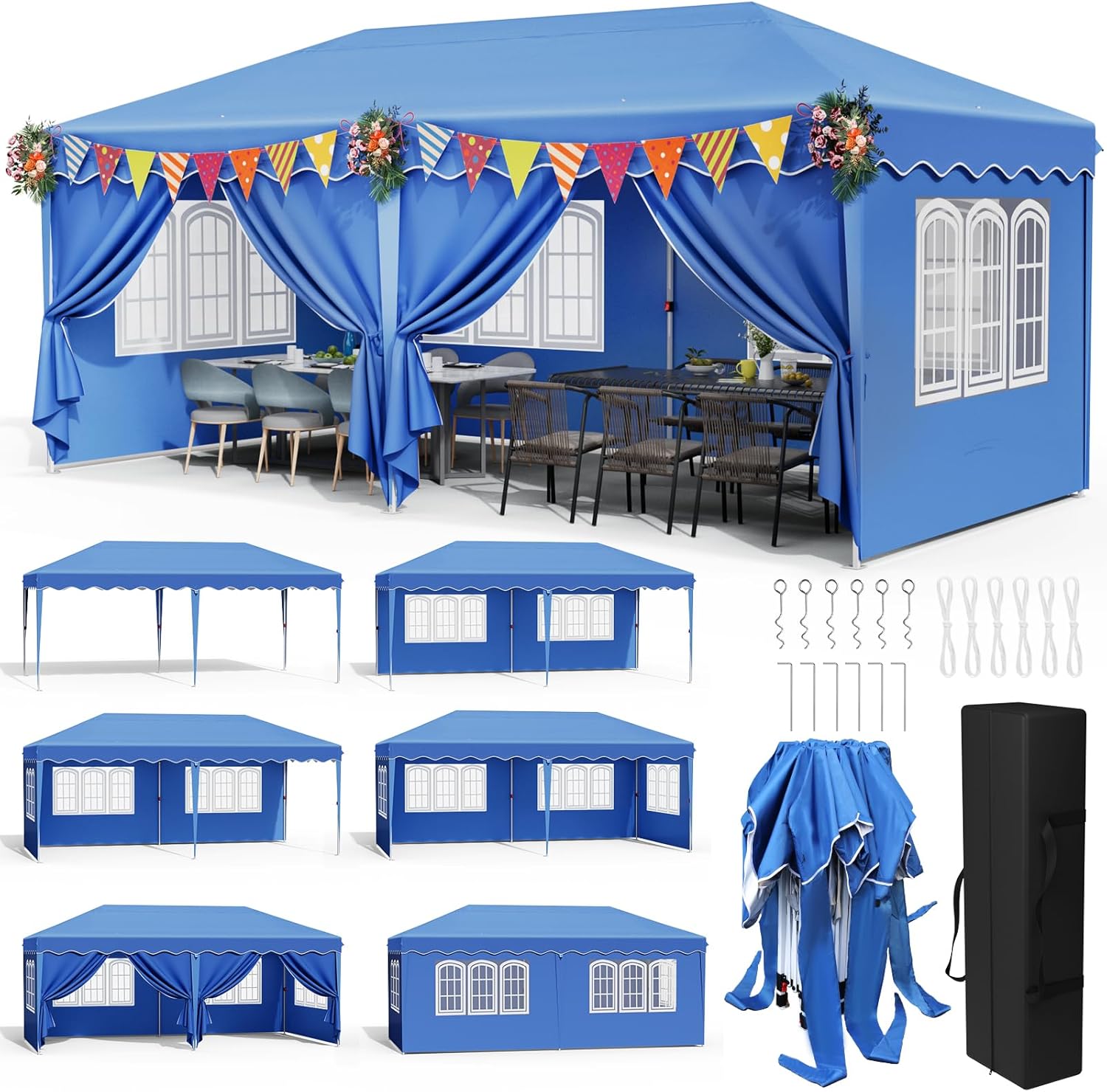 Gazebo 3 x 6 Folding Waterproof Pergola with 6 Side Panels, Outdoor Heavy Duty Gazebo 420D Oxford, UV Protection 50+, for Parties, Camping, Weddings, Beach, Patio, Garden, Blue