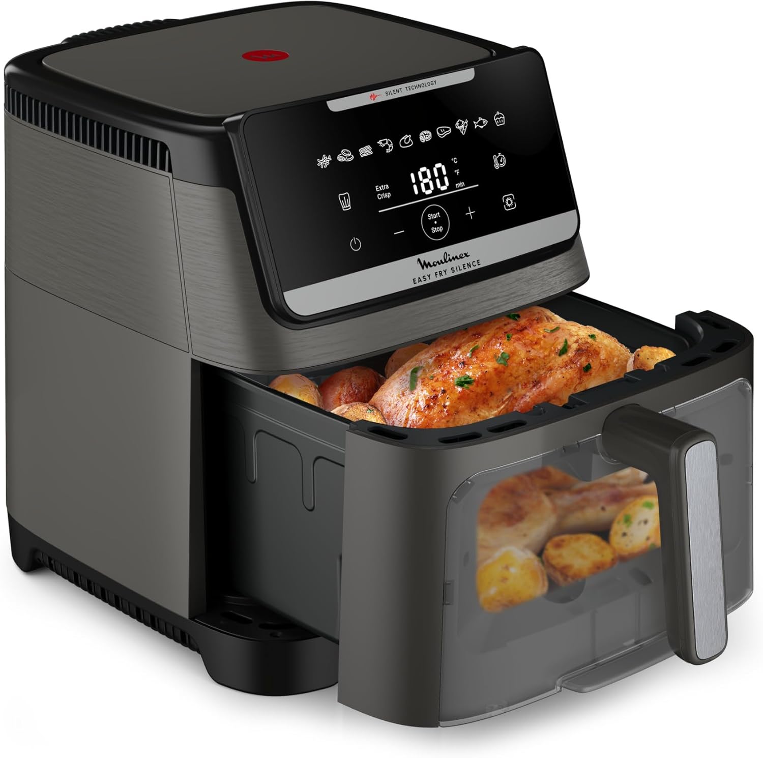 Moulinex Easy Fry Silence 7L, Friggitrice ad Aria Silenziosa e Compatta, Fino a 8 Persone, Frontale del cestello rimovibile, Finestra di Visualizzazione, EZ846HF0(Grigio)