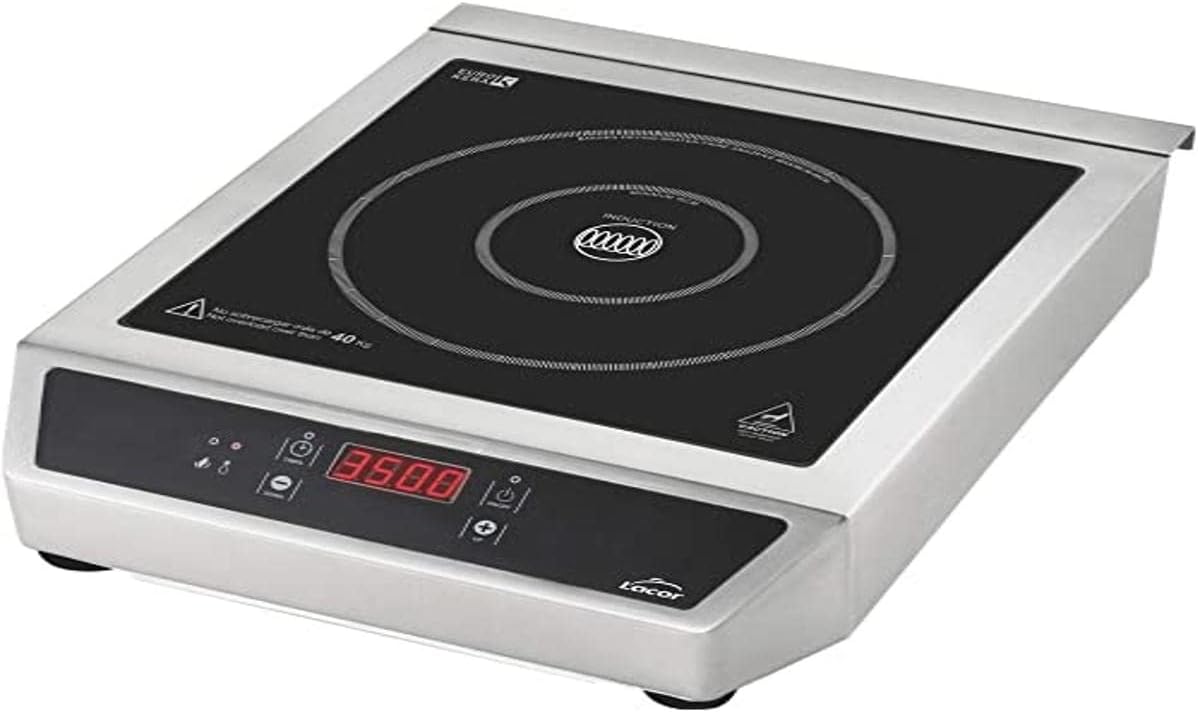 Lacor - 69132 - Piastra a induzione portatile, Superficie di vetro, Touch Control, 17 Livelli di Potenza, Due Fuochi - 12  28 cm, IPX3 Safety System, 3500W, 44 x 34 x 12 cm, Inox, Nero