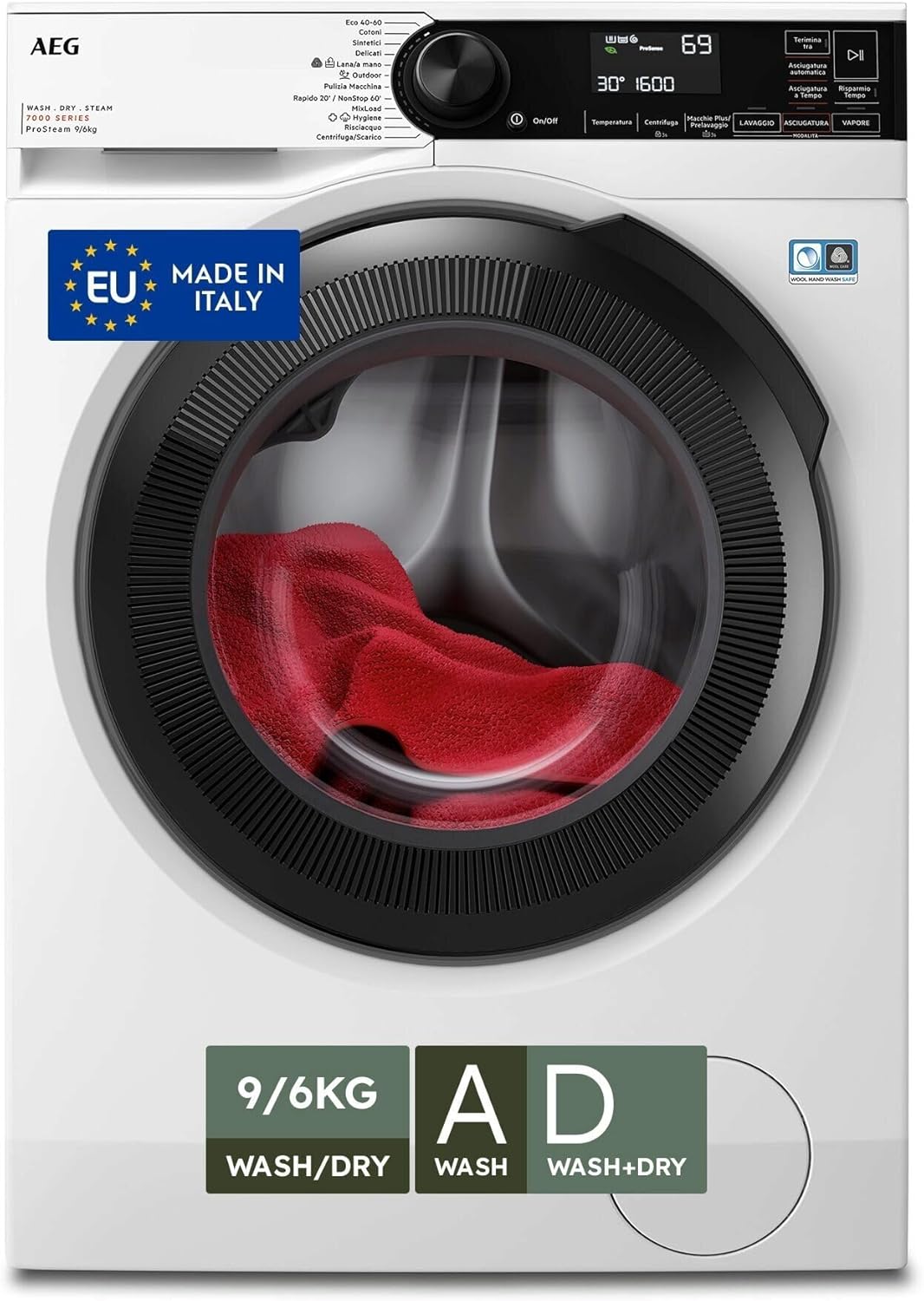 AEG Lavasciuga Serie 7000 PROSTEAM® 9kg Lava+Asciuga, Tecnologia PreciseLoad, Vapore Refresh, MixLoad, Inverter, Cesto Protex, Lana Woolmark Blue, Oblò 3XL