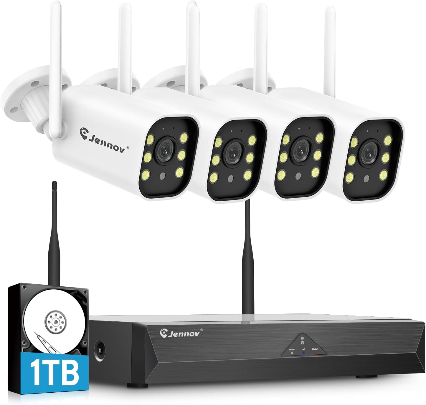 Jennov 5MP Kit Videosorveglianza WiFi, 10CH 5MP WiFi NVR mit 4X Telecamere WiFi mit Grandangolo a 120°, Registrazione 24/7, Rilevamento Persona, Audio Bidirezionale, Visione Notturna a Colori, 1TB
