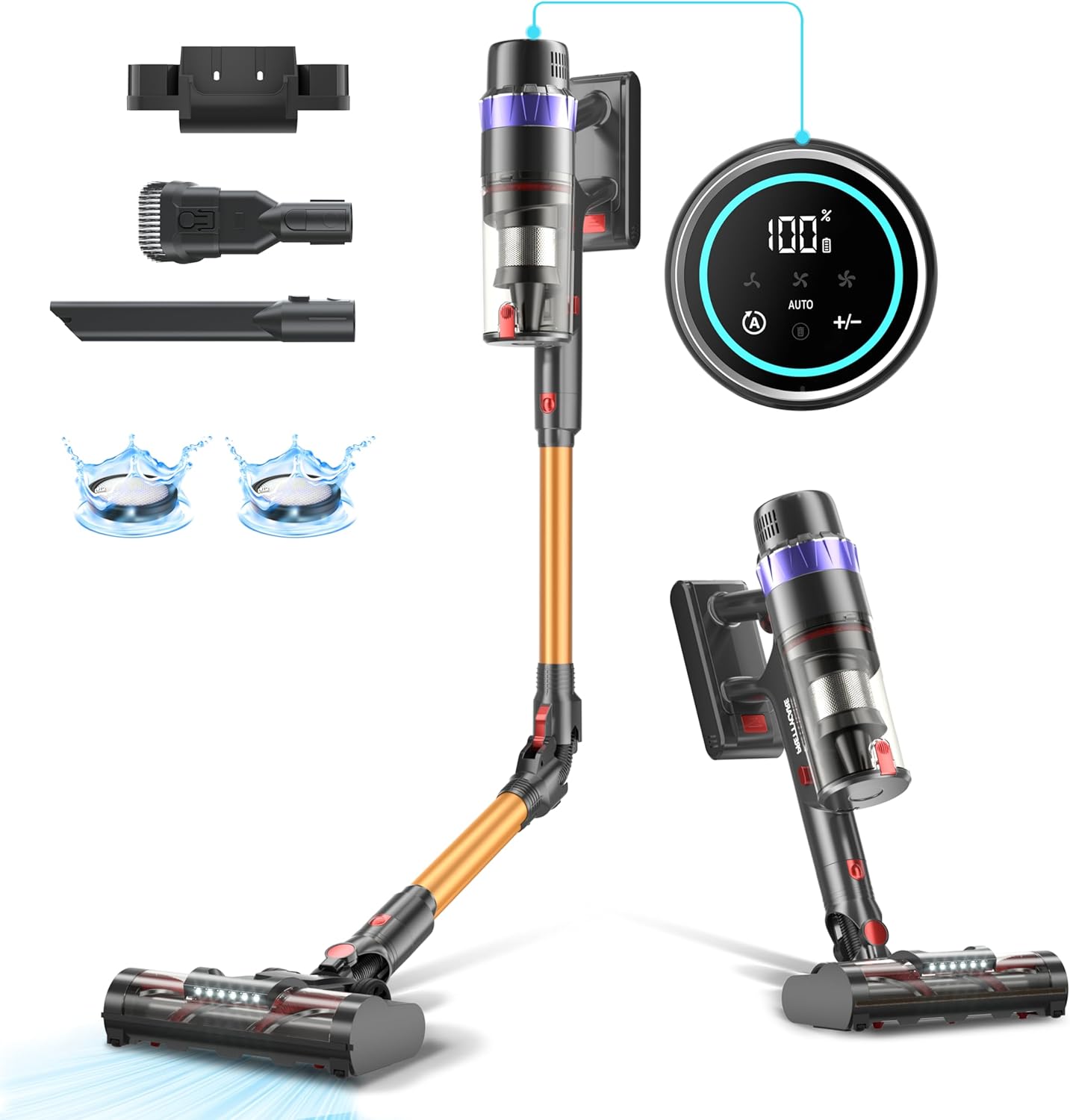 PRETTYCARE Aspirapolvere Senza Fili, 560W 45KPA Scopa Elettrica Senza Fili Potente con Modo Automatico, Aspirapolvere Ricaricabile Standby 60 min, Adatto per Tappeti/Peli Animali V3