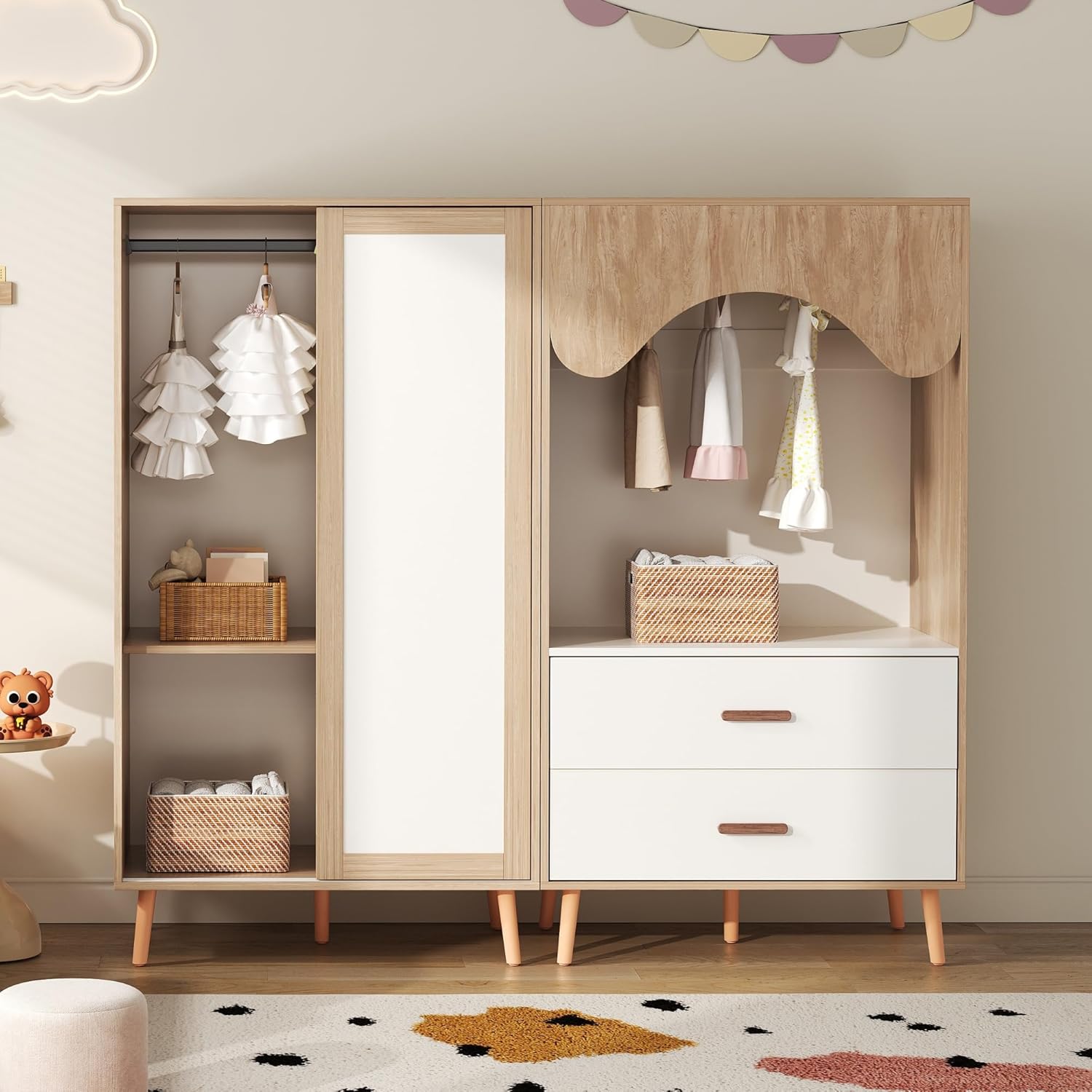 Wardrobe Set with Sliding Doors + Open Wardrobe, Bedroom Furniture, Wardrobe, 141.5 cm Height, White + Natural Wood