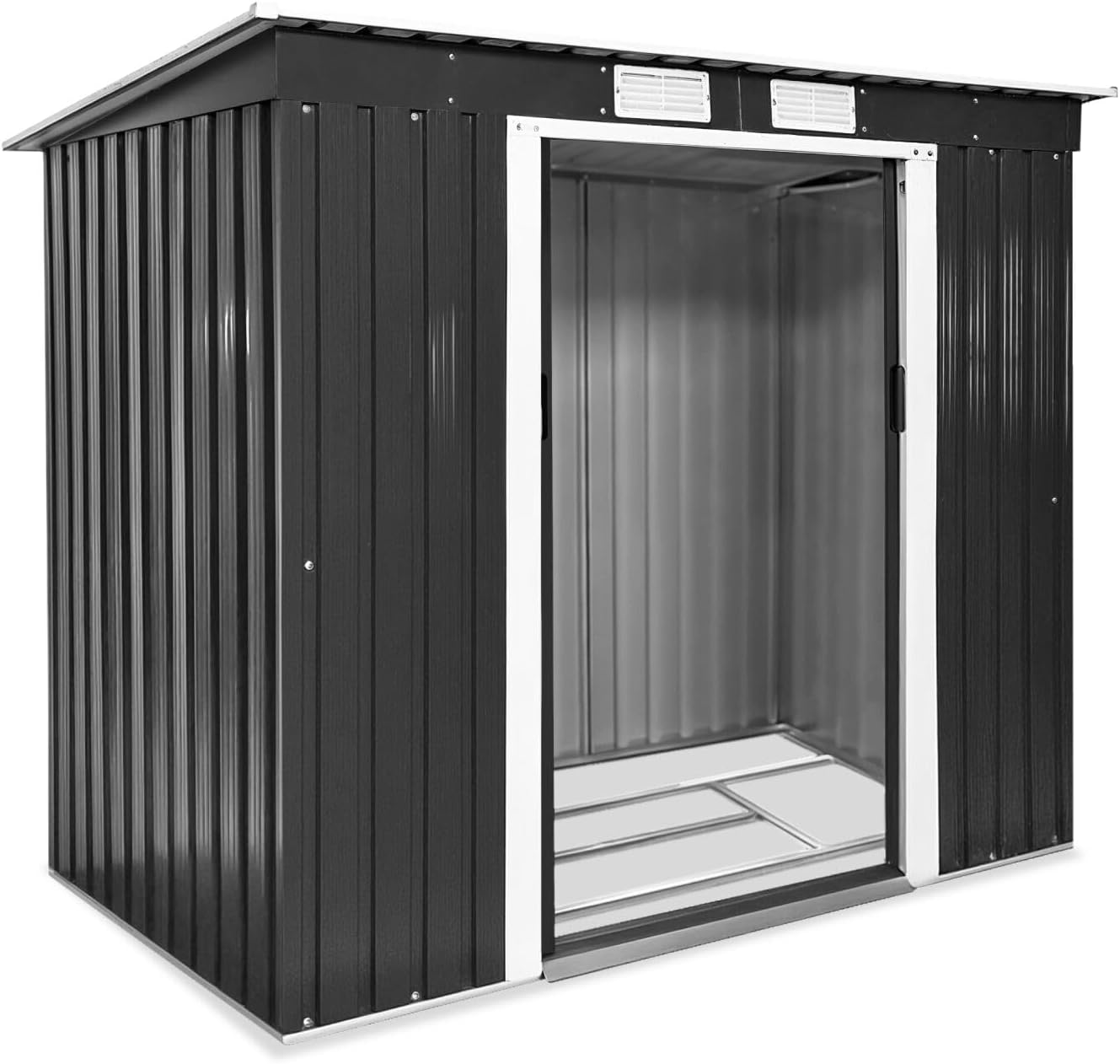 tectake® Casetta da Giardino in Lamiera, Box con Tetto Inclinato, Box da Giardino per Esterno con Porta Scorrevole, Lamiera in Acciaio, Fondamenta in Metallo - Grigio/Bianco
