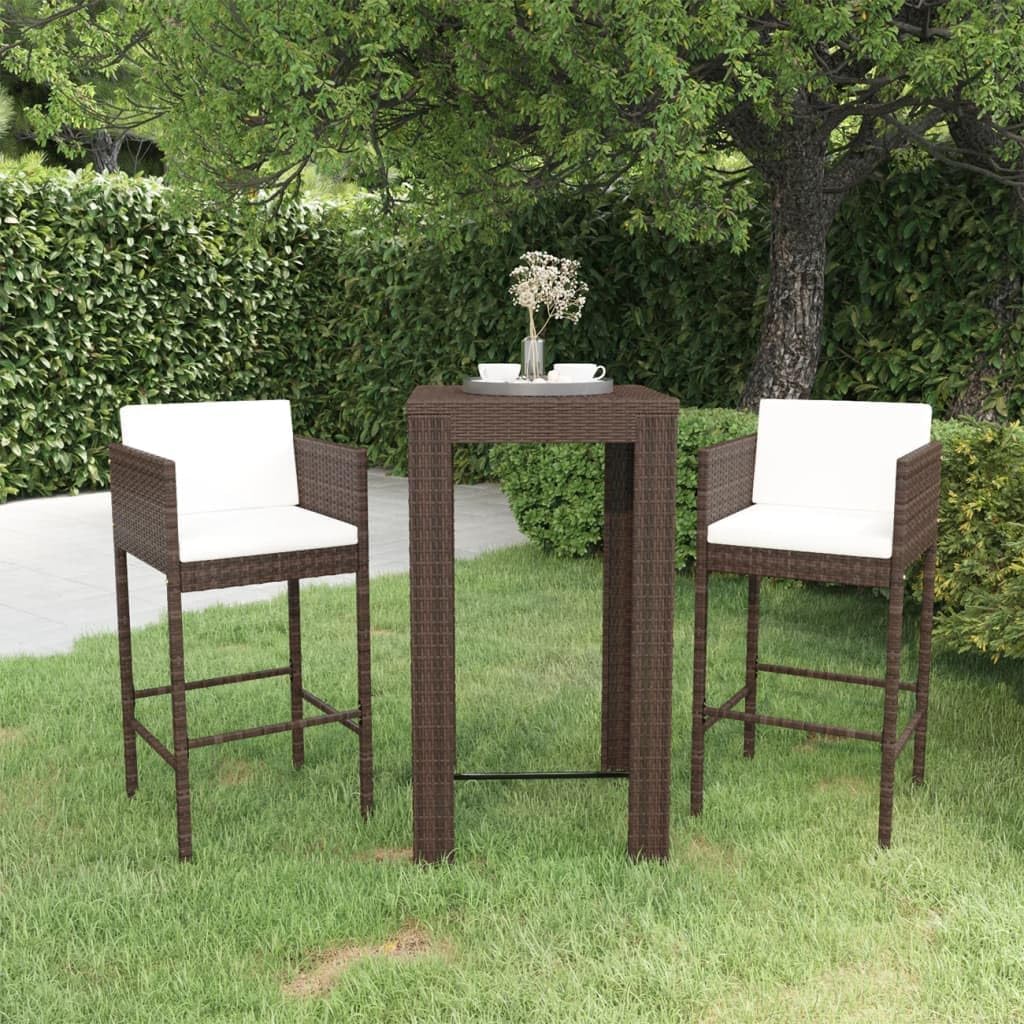 Set di mobili da giardino, 3 pezzi, con cuscino, in polyrattan, marrone, per balconi, interni ed esterni, terrazza, cortile